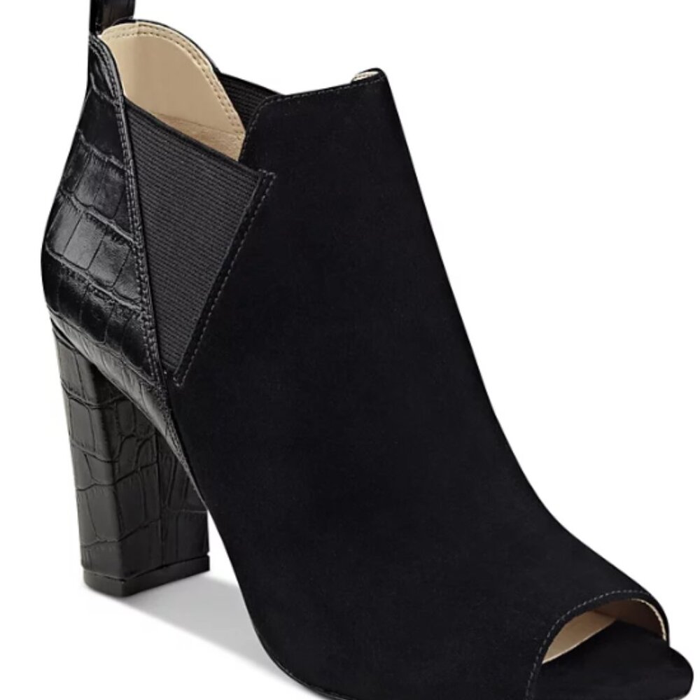 MARC FISHER. BLACK, MIXED MEDIA, "SAYLA" PEEP TOE BOOTIE. Size 9M. - Picture 2 of 11